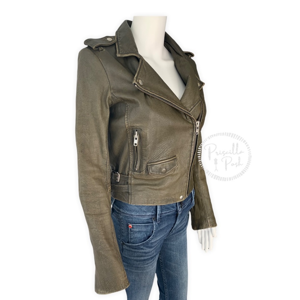 IRO Olive Green Ashville Leather Cropped Distressed Moto Jacket - Picture 11 of 16